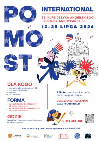 Plakat promujący kurs języka angielskiego "Pomost International 2026"